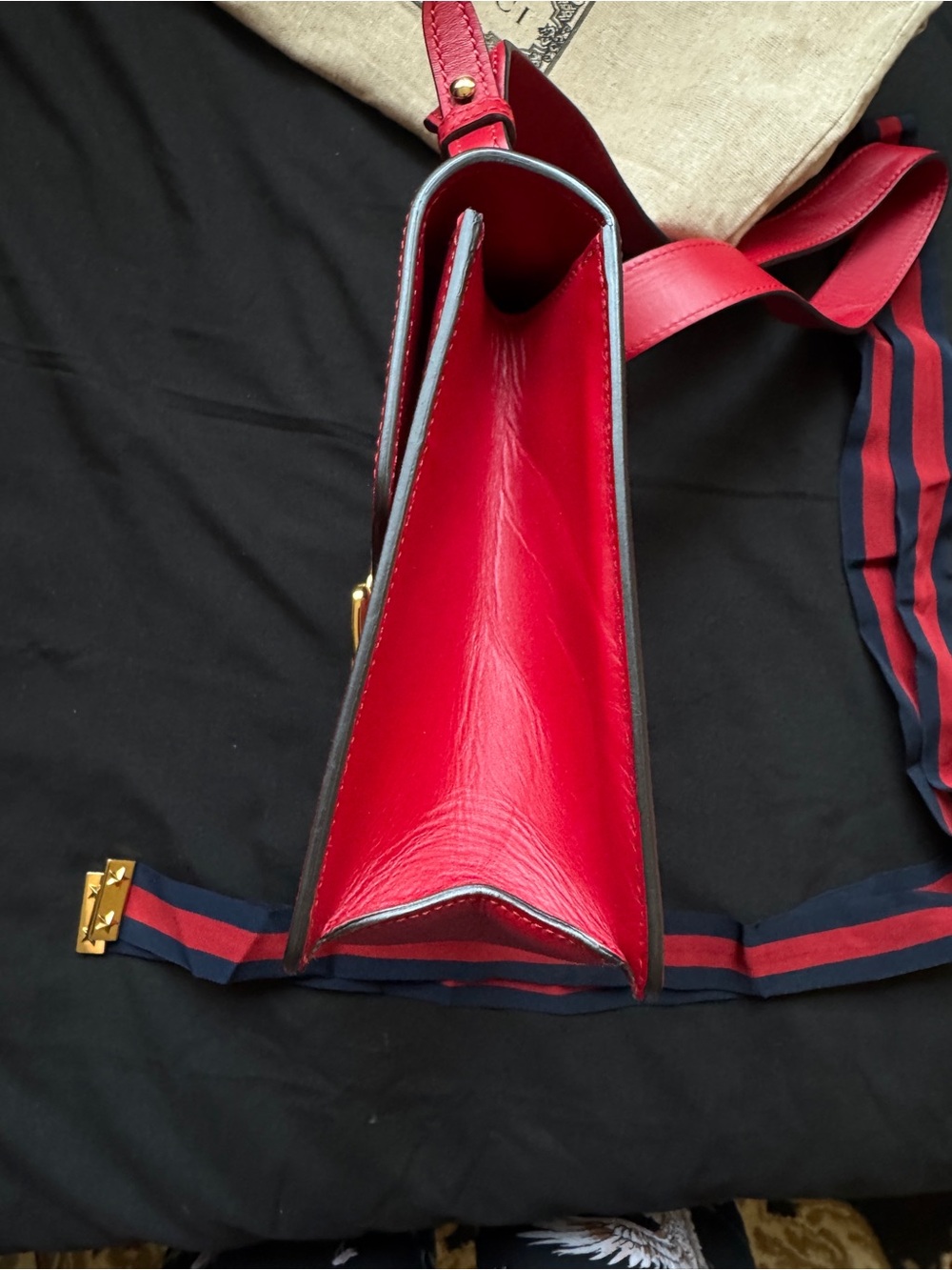 Gucci Sylvie Red Medium Leather Chain-Accent Crossbody Bag with Navy Stripe - Picture 8 of 14